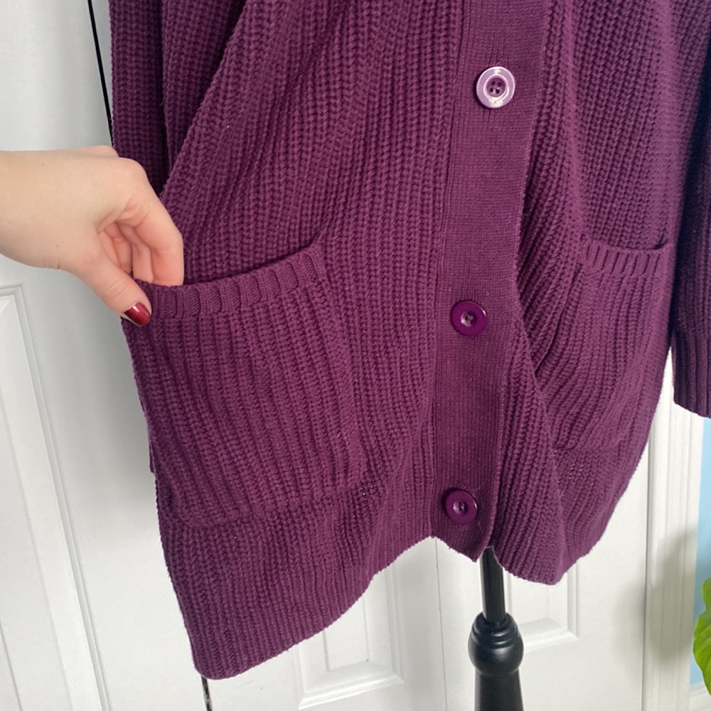 Woman Within 2X 26/28 Cable Knit Woven Purple Button Up Cardigan With Pockets - Picture 4 of 10